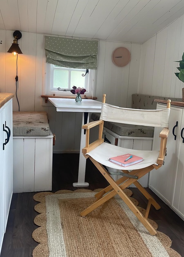 Shepherds Hut interior with therapist chair